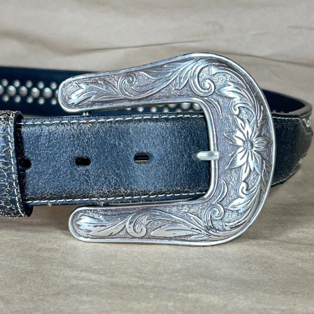 Nocona Belt Mens M Black Distressed Leather Embroidered Studded Engraved Buckle